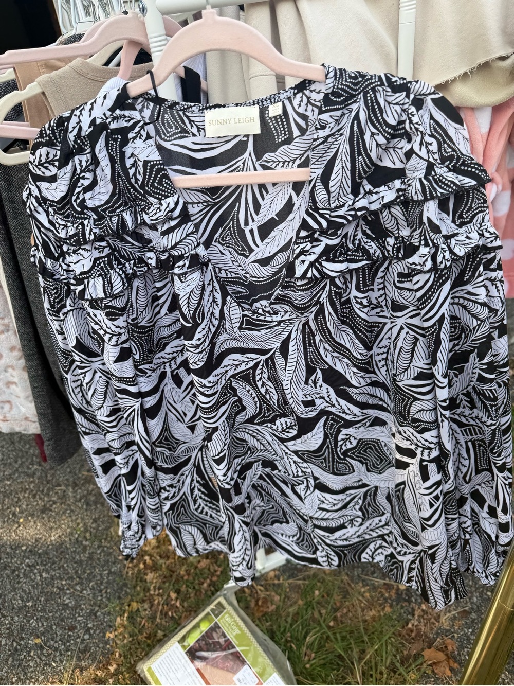 Sunny Leigh Black & White Leaf-Print Ruffle Blouse